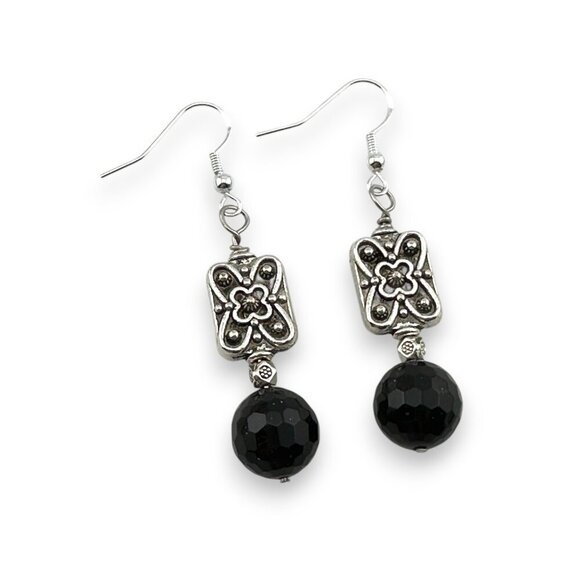 Faceted Black Onyx Earrings 925 Sterling Silver French Hooks - Picture 2 of 13